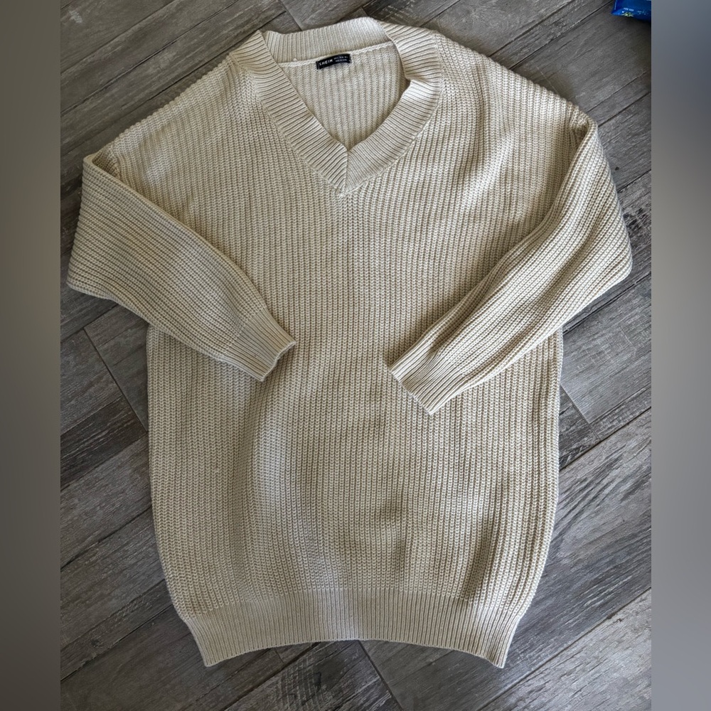 V-Neck Cream Sweater Dress